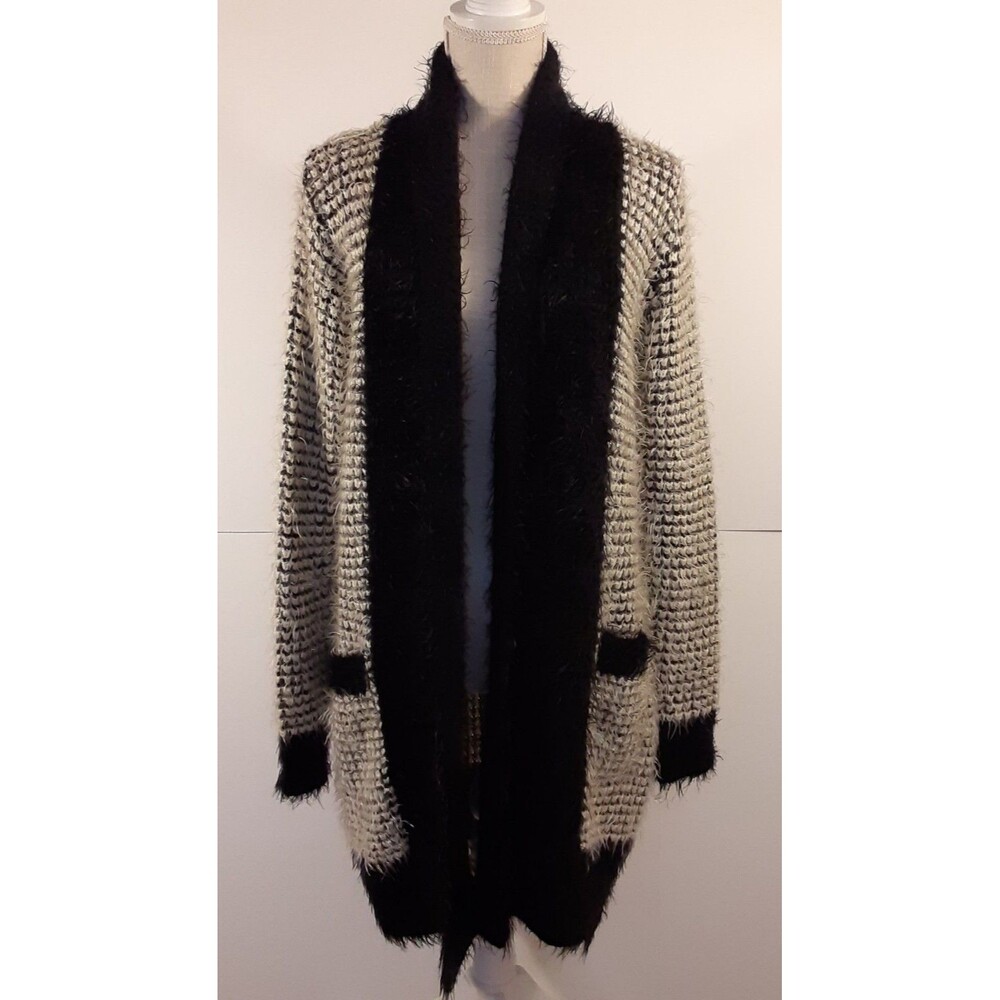 Longline Black/White Eyelash Open Front Cardigan Sweater w/Pockets Size M
